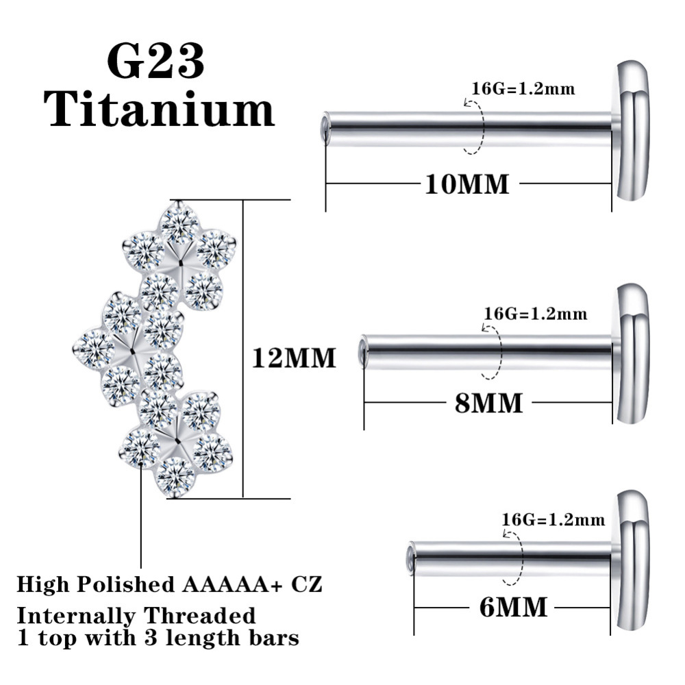 G23 Titanium Material Zircon Threaded Flat Back Earrings Ear Bone Stud Nose Stud Polished Piercing Jewelry Ear Accessories