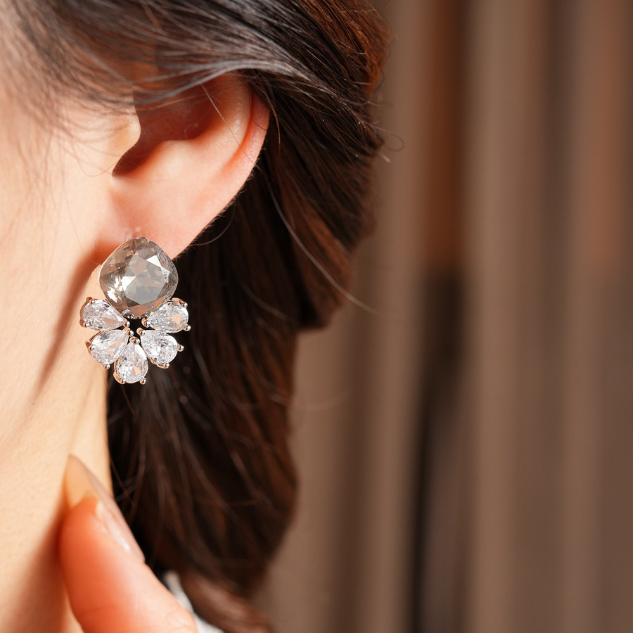 Silver Zircon Flower Water Drop Earrings Simple Iron Post Women's Jewelry Accessories