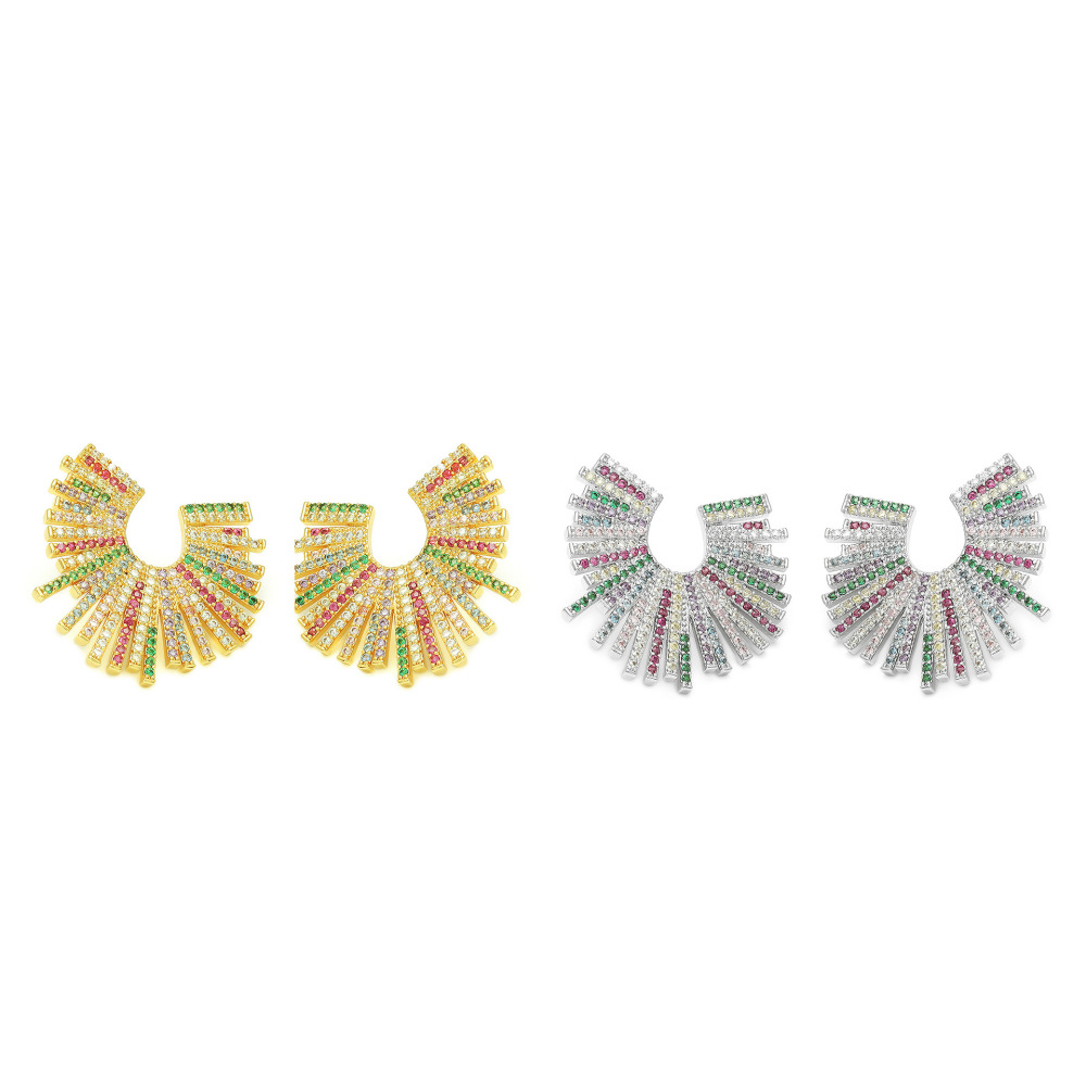 Exaggerated Geometric Mixed Color Zircon Inlaid Gold Plated Earrings Fashionable Personality U-Shaped Jewelry Accessories