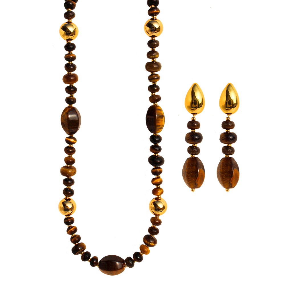 Original Design High-End Natural Tiger Eye Stone Gold Round Bead Necklace Bracelet Waterdrop Earring Set For Ladies Fashion Jewelry Accessories