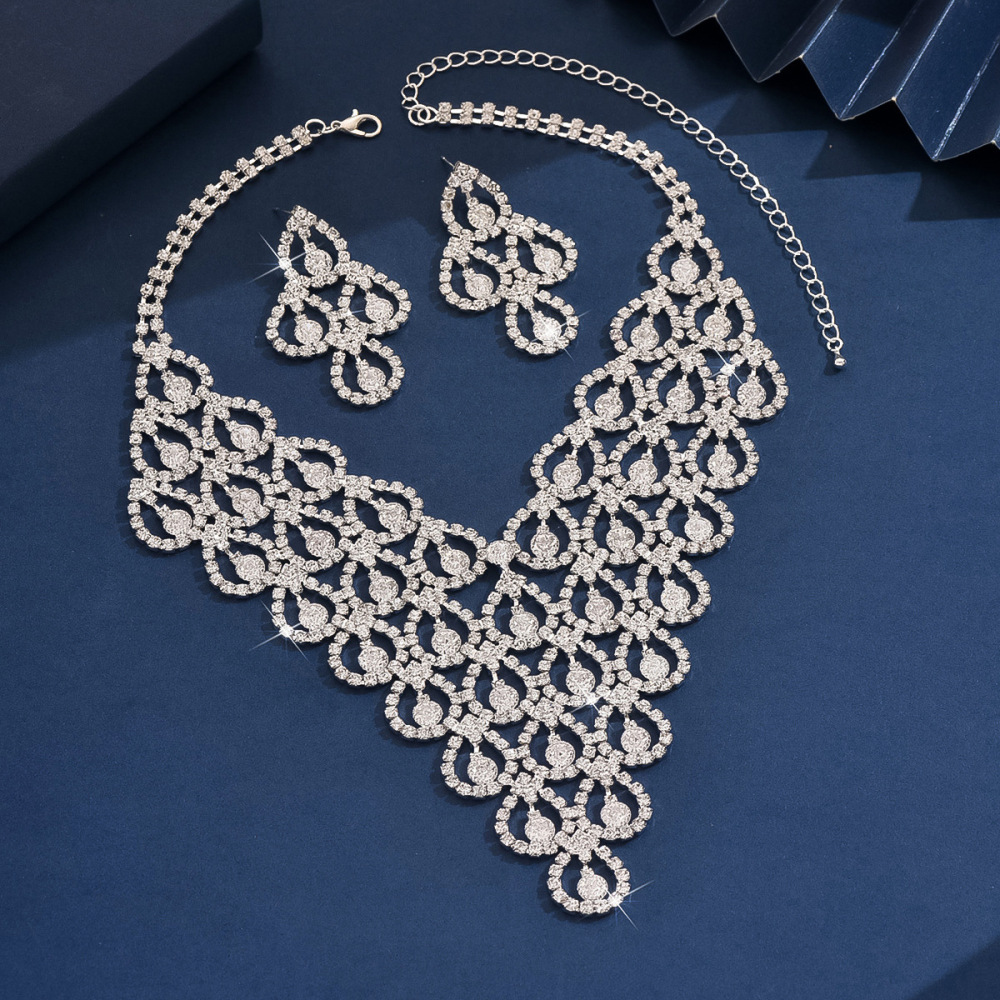 Elegant  Luxury Bridal Necklace And Earring Set Wedding Accessories Full Diamond Flower Jewelry Set For Women