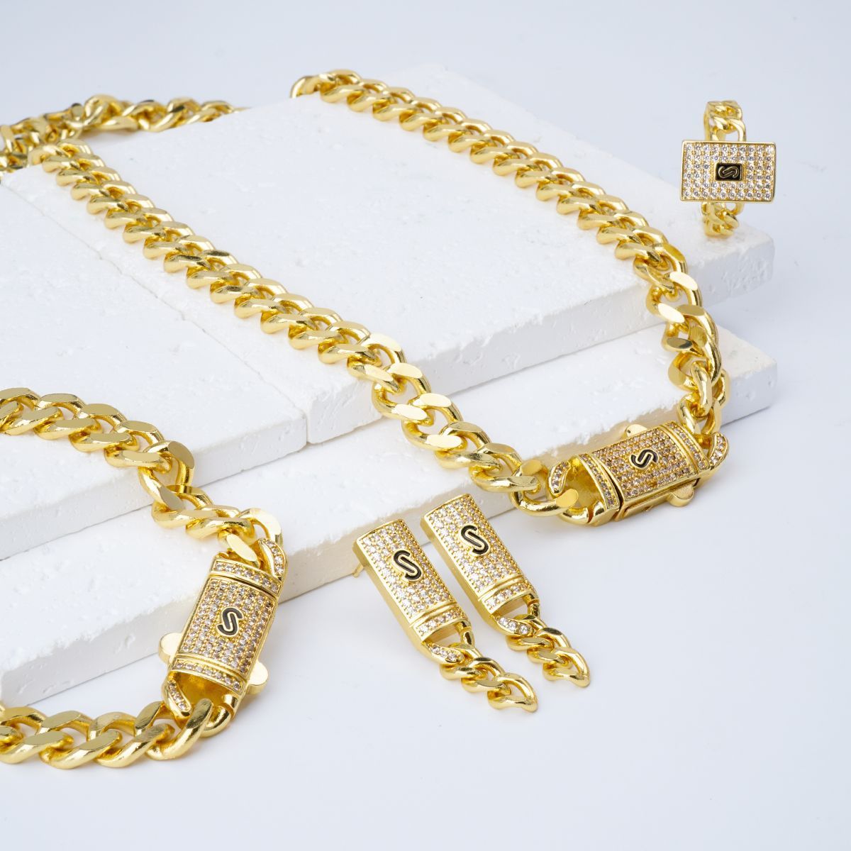24K Gold Plated Cuban Link Necklace Earrings Bracelet Ring Set Hip Hop Jewelry Zirconia  Personalized Accessories