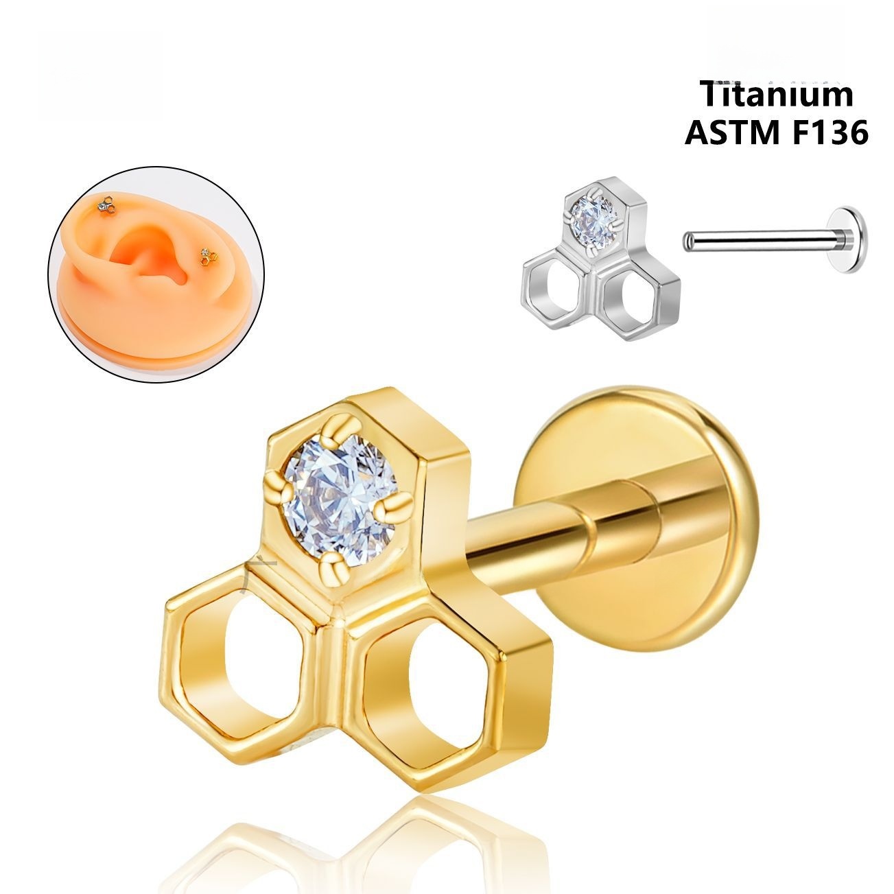 Titanium Alloy Hexagonal Honeycomb Earrings Body Piercing Lip Tongue Jewelry Women's Fashion Simple Style Geometric Pattern
