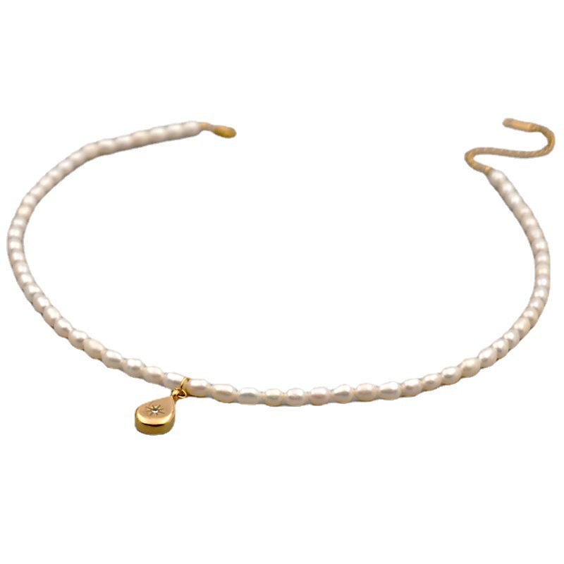 Gold Titanium Steel Water Drop Necklace Freshwater Pearl Retro Collarbone Chain Women's Jewelry Accessories