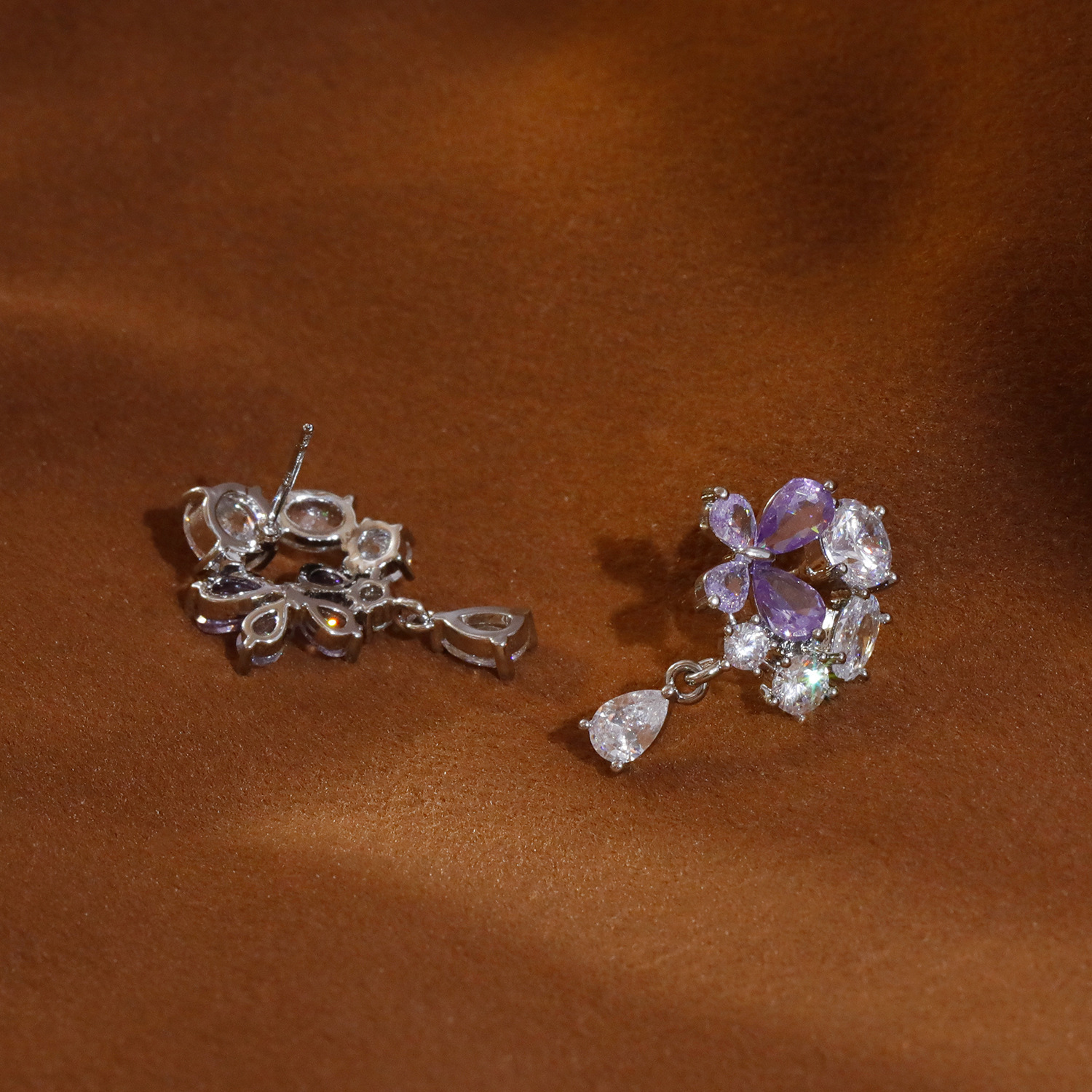 French Romantic Purple Flower Women's Earrings Ultra Sparkling Luxury Zircon Studs Versatile Fashion Jewelry Accessories