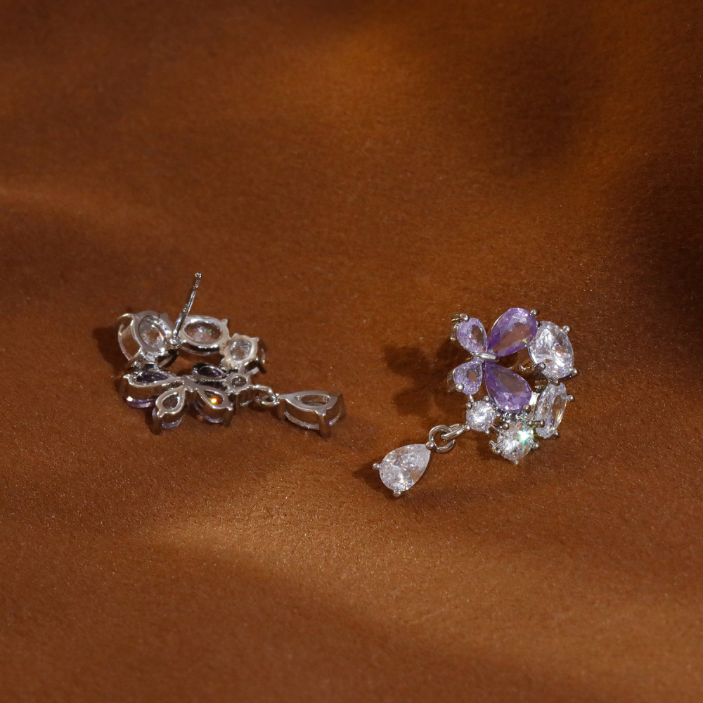 French Romantic Purple Flower Women's Earrings Ultra Sparkling Luxury Zircon Studs Versatile Fashion Jewelry Accessories