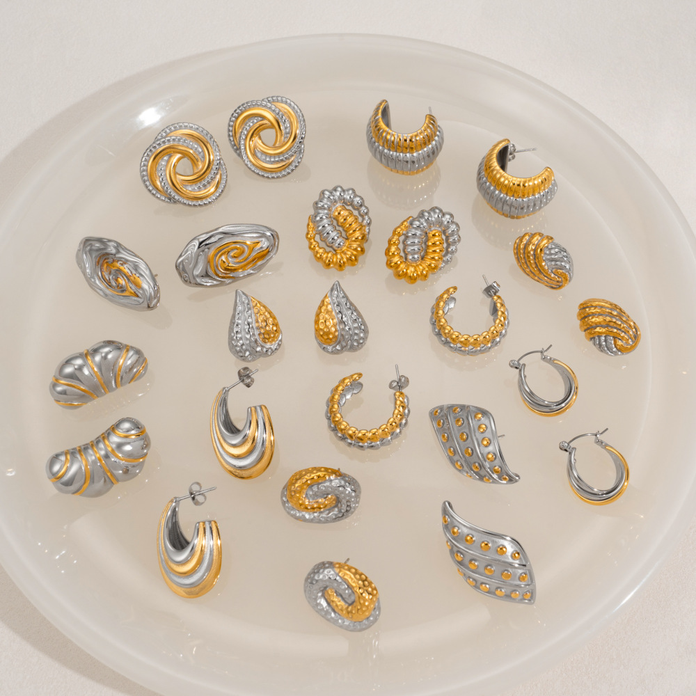 Fashionable Geometric Bohemian Earring Set Titanium Steel Gold Plated Silver Contrast Color Ladies Elegant Style Jewelry Accessories