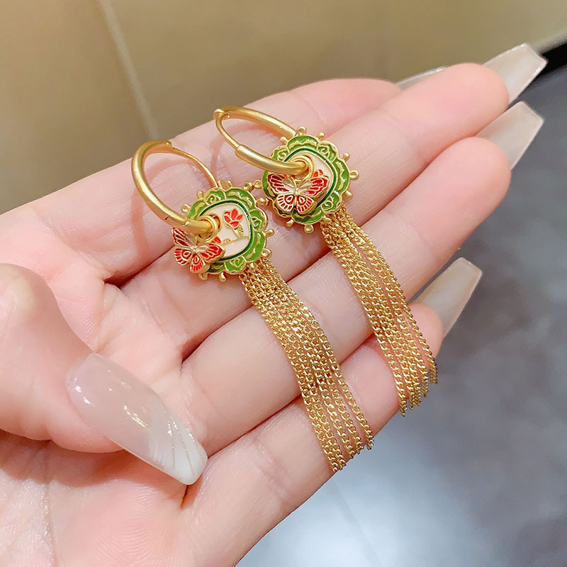 New Chinese Style National Trend Drip Glaze Long Tassel Women's Multi-Wear Drop Earrings Fashionable Versatile Copper Plated Geometric Pattern