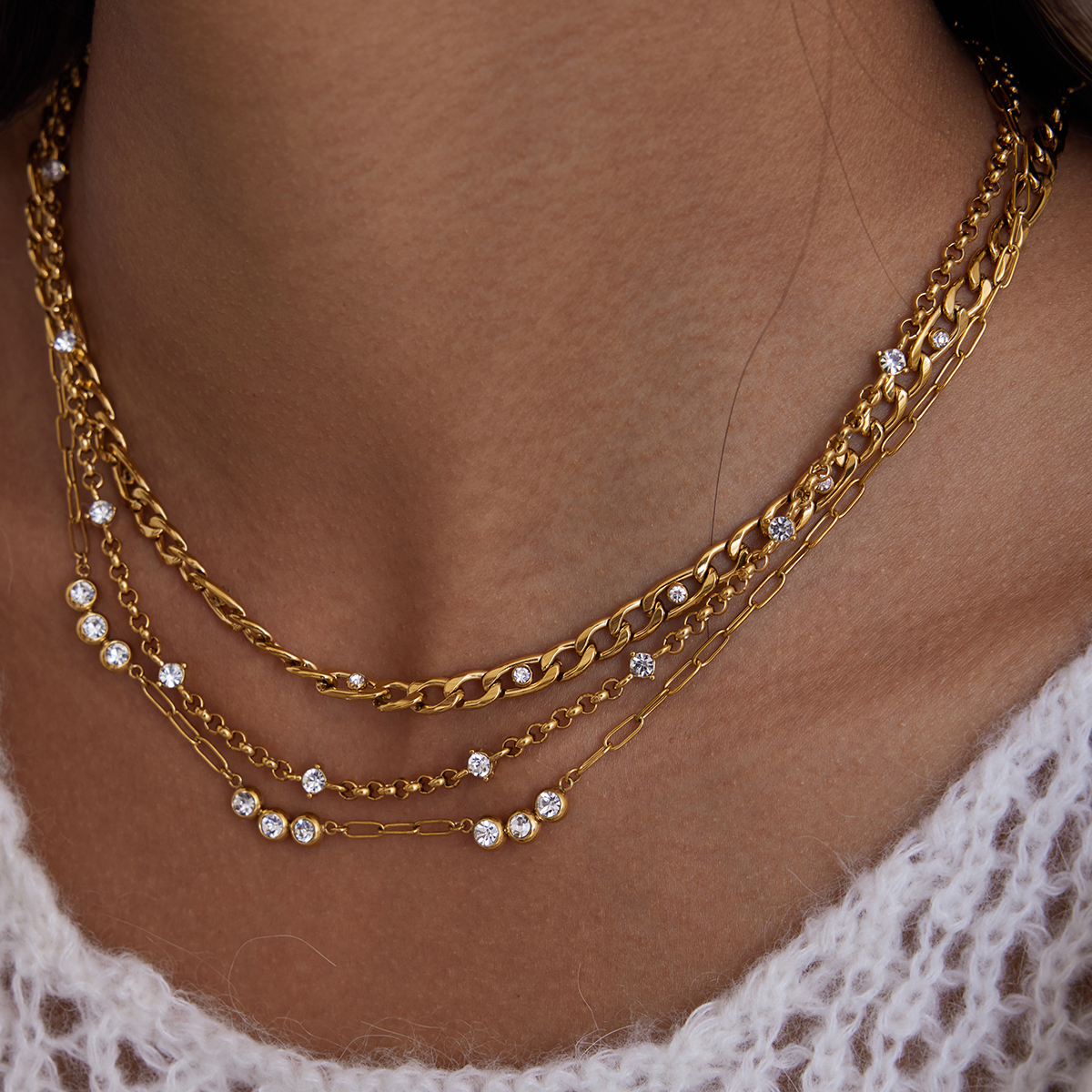 Women's Classic 18K Gold Stainless Steel Zircon Round White Zircon Cross Chain Necklace 41+5CM Jewelry Accessories