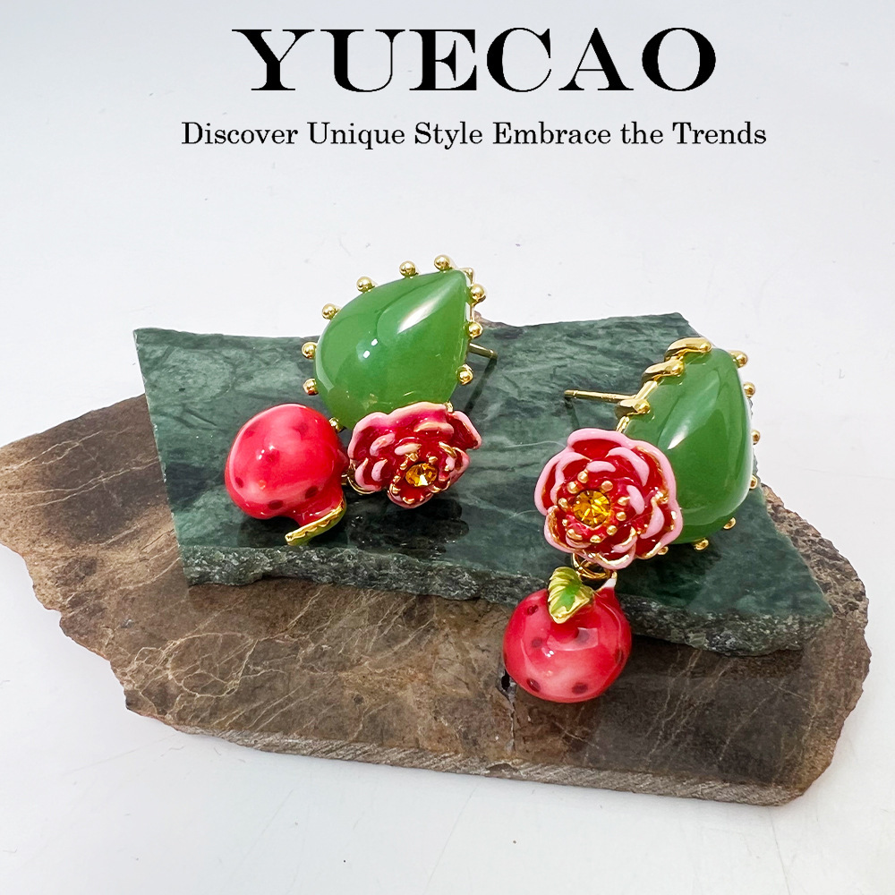 Elegant French Enamel Agate Flower Stud Earrings Premium Design Sensation Women's Fashion Jewelry Accessories