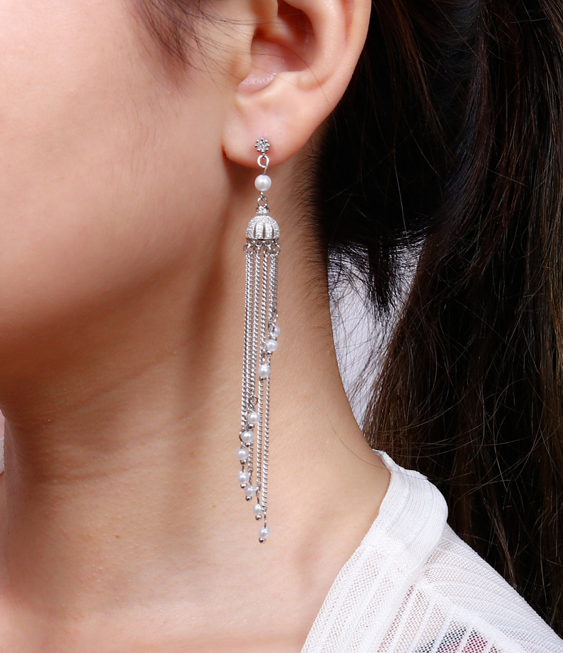 Long Tassel Pearl Crown Earrings Women's Accessories Multi-functional Copper Material Rose Gold Plated Minimalist