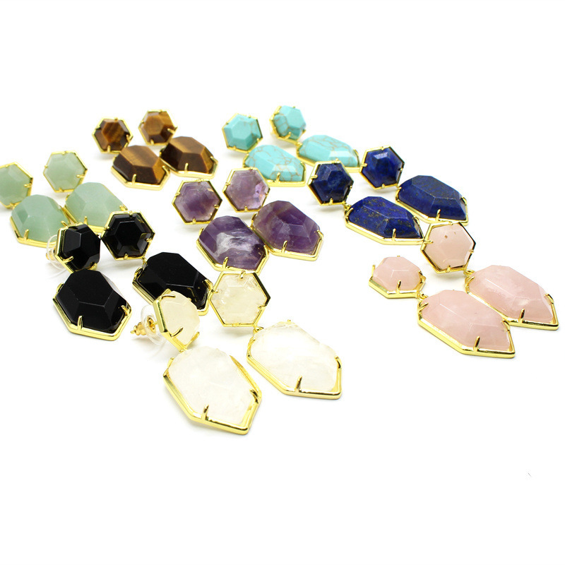 Luxurious Natural Stone Crystal Earrings Plated 24K Gold Women's Small Accessories Geometric Pattern Exaggerated Style