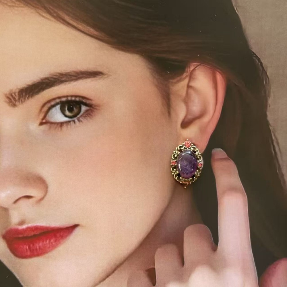 Vintage Purple Natural Stone Earring Copper Small Design Earrings Accessories Women Geometric Pattern