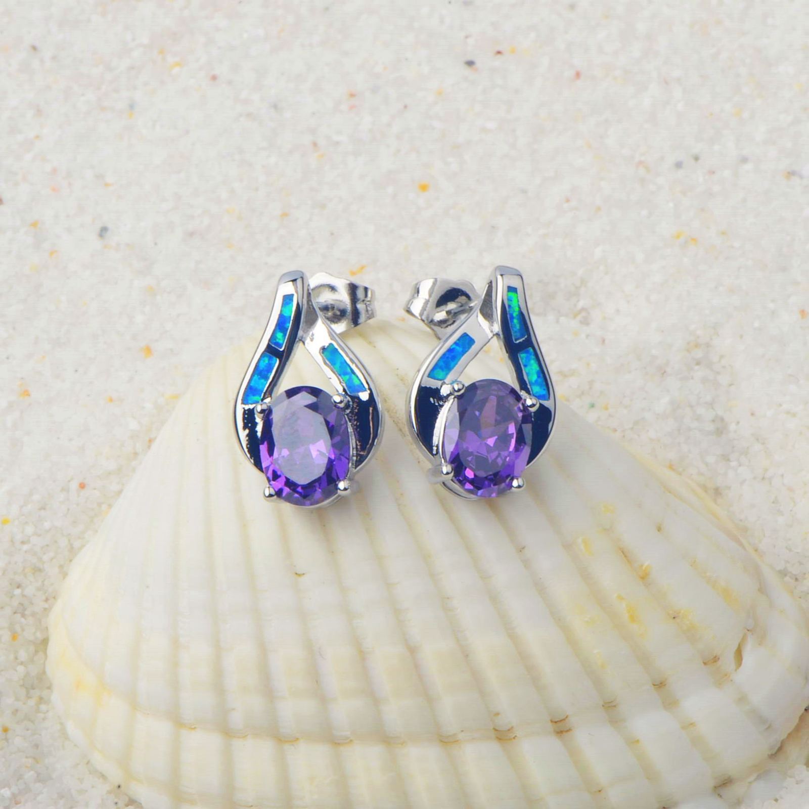 Hawaii Style Blue Opal Heart Shaped Earrings Fashionable TikTok Trend Unisex Copper Geometric Pattern Jewelry Accessories