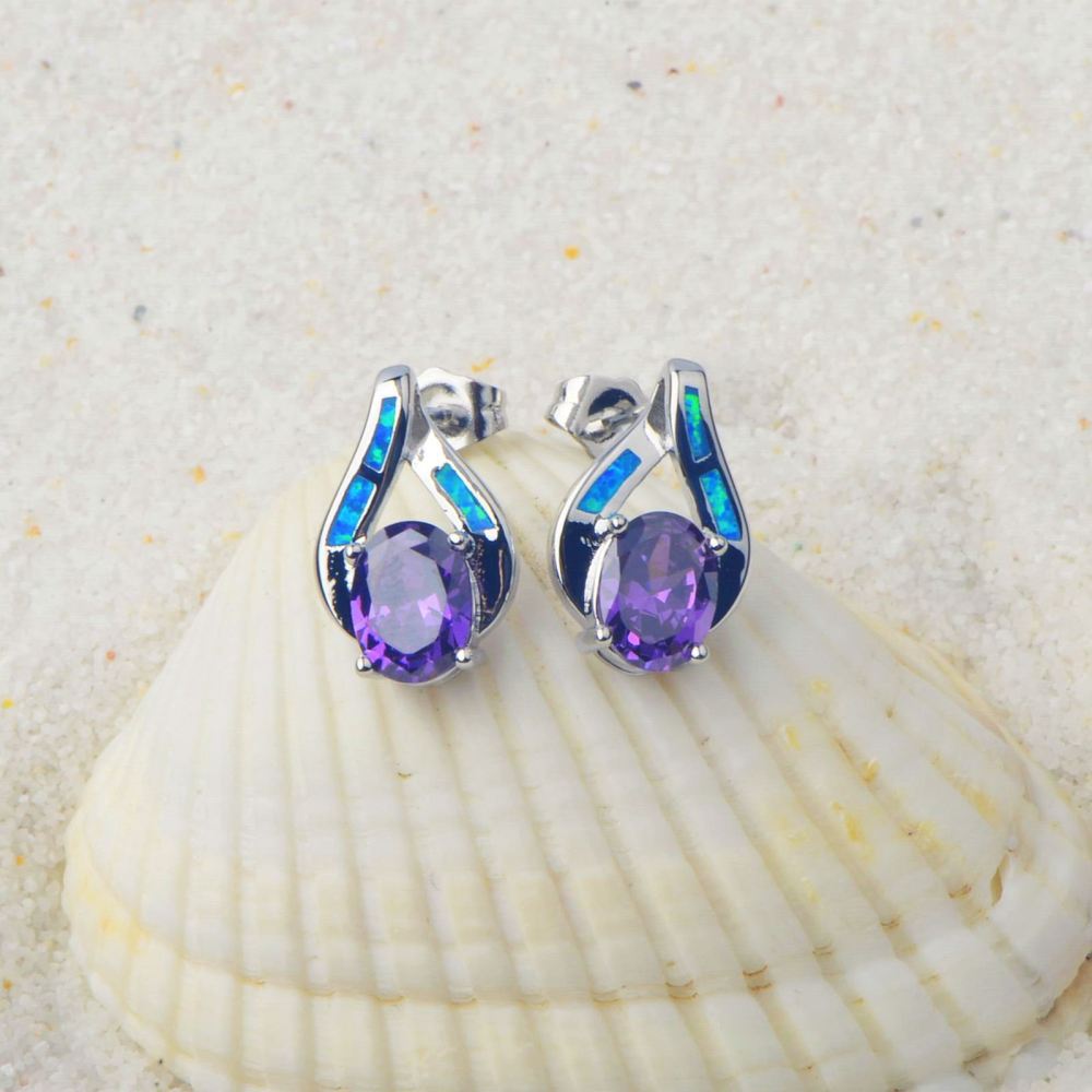 Hawaii Style Blue Opal Heart Shaped Earrings Fashionable TikTok Trend Unisex Copper Geometric Pattern Jewelry Accessories