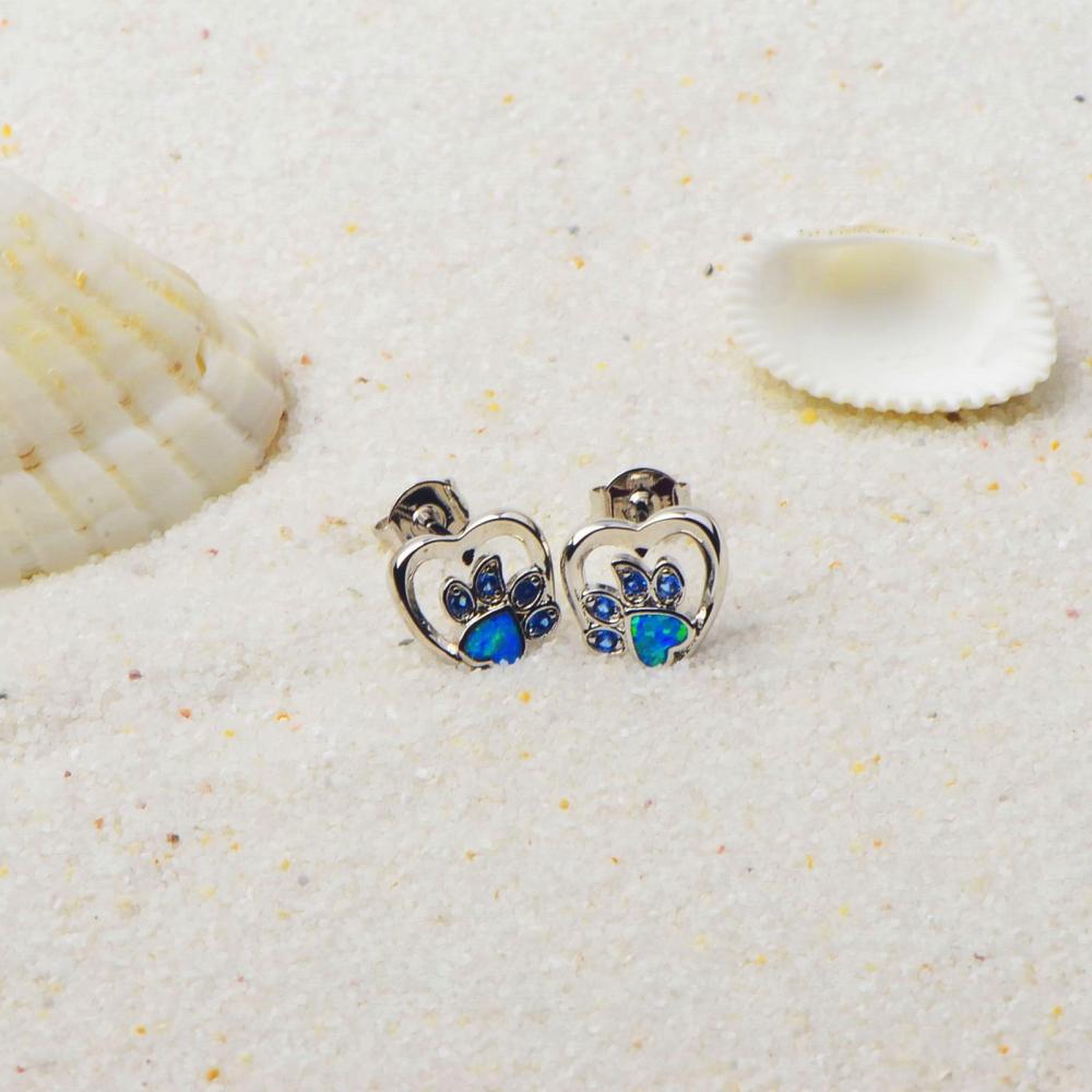 Adorable Girl's Dog Paw Opal Earrings Bohemian Floral Print Simple Style Copper Jewelry Accessories Ear Rings