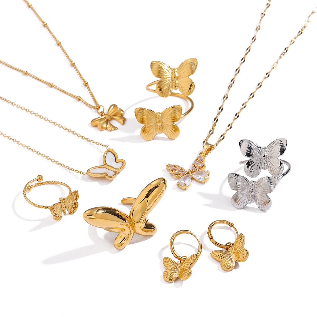 PVD Coated Real Gold Plated Butterfly 304 Stainless Steel Simple Style Classic Style Waterproof Non Tarnish Rings Earrings Necklace