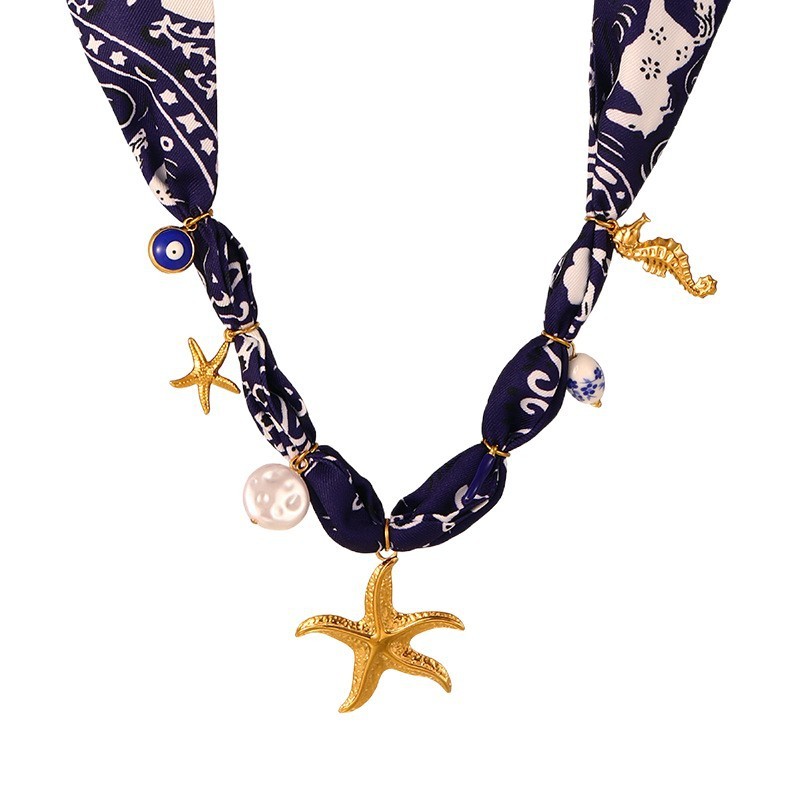 Luxurious Ceramic Necklace For Women With Printed Silk Scarf And Windbreaker Starfish And Goldfish Craft Animal Zodiac Pattern