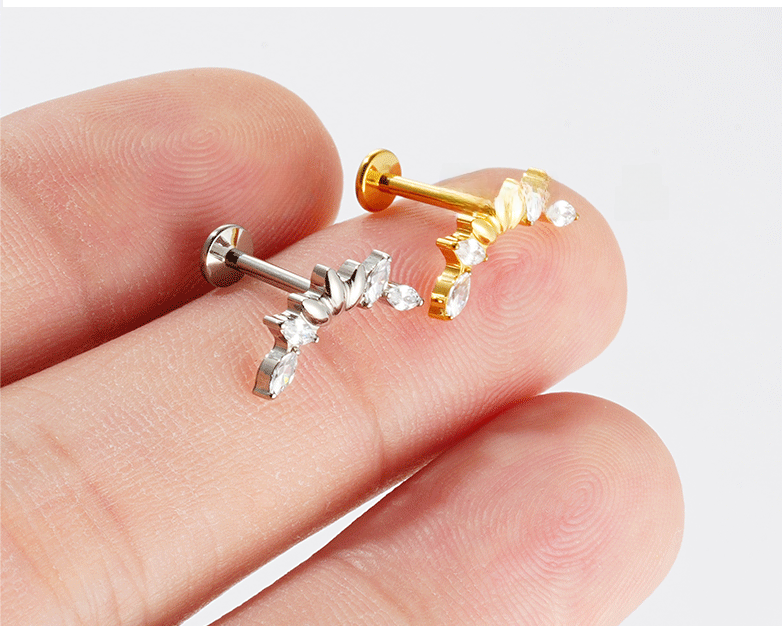 136 Titanium Alloy Leaf Design Multi-Diamond Earrings Body Piercing Lip Stud Women's Jewelry Simple Geometric Pattern