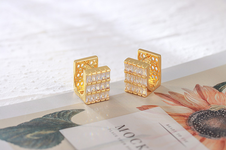 Elegant Geometric Pattern Zircon Earrings Colorful Square Heavy Work Gold Plated Luxury Women's Fashion Jewelry Accessories
