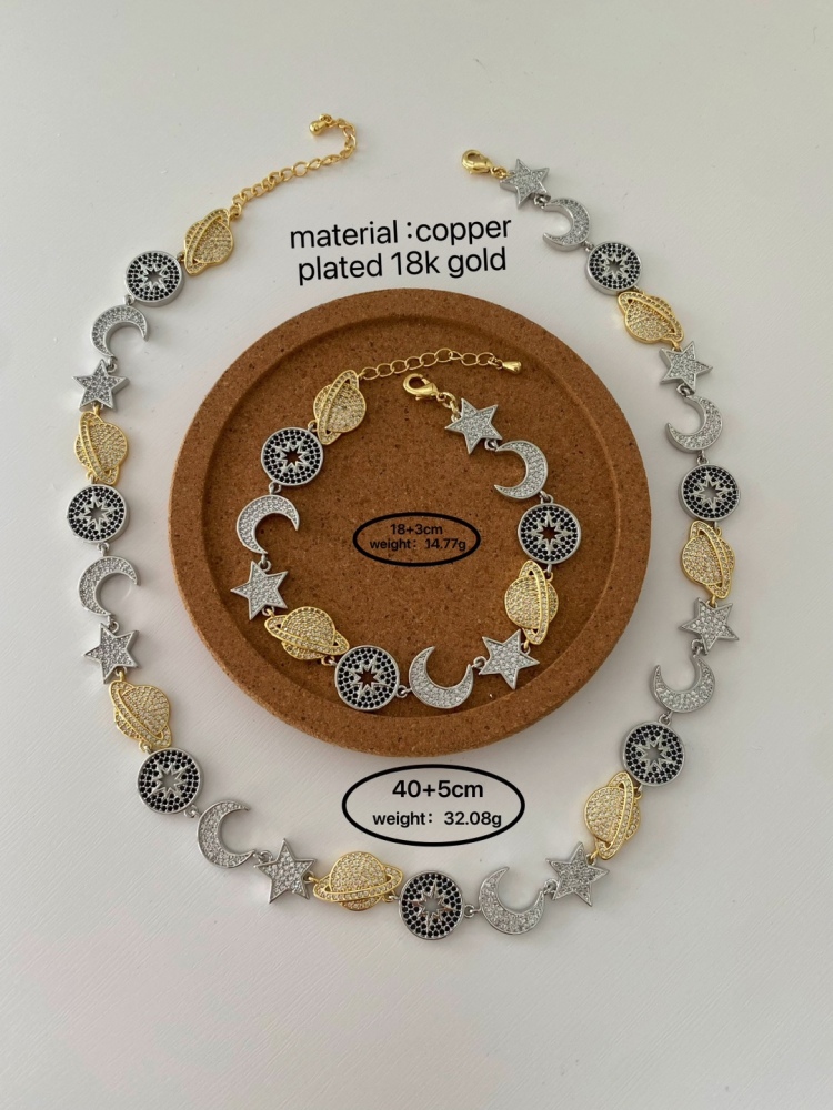 Retro Alloy Full Diamond Connected Stars Moons Planets Bracelet Necklace Women Simple Style Copper Jewelry Accessories