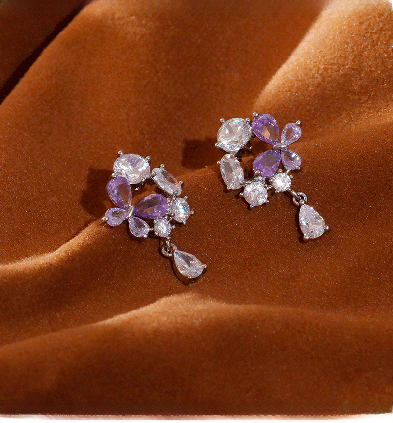 French Romantic Purple Flower Women's Earrings Ultra Sparkling Luxury Zircon Studs Versatile Fashion Jewelry Accessories
