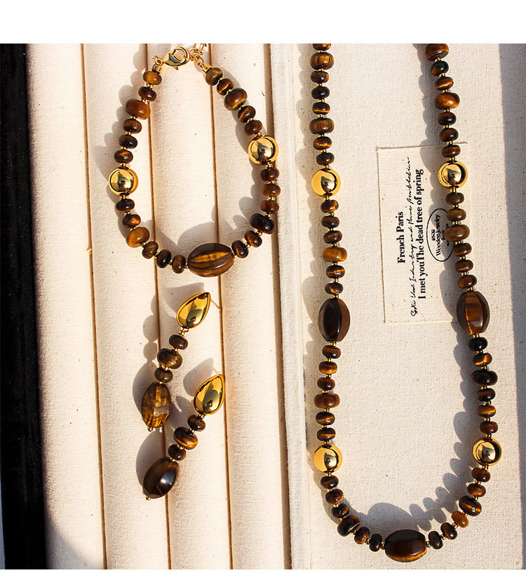 Original Design High-End Natural Tiger Eye Stone Gold Round Bead Necklace Bracelet Waterdrop Earring Set For Ladies Fashion Jewelry Accessories