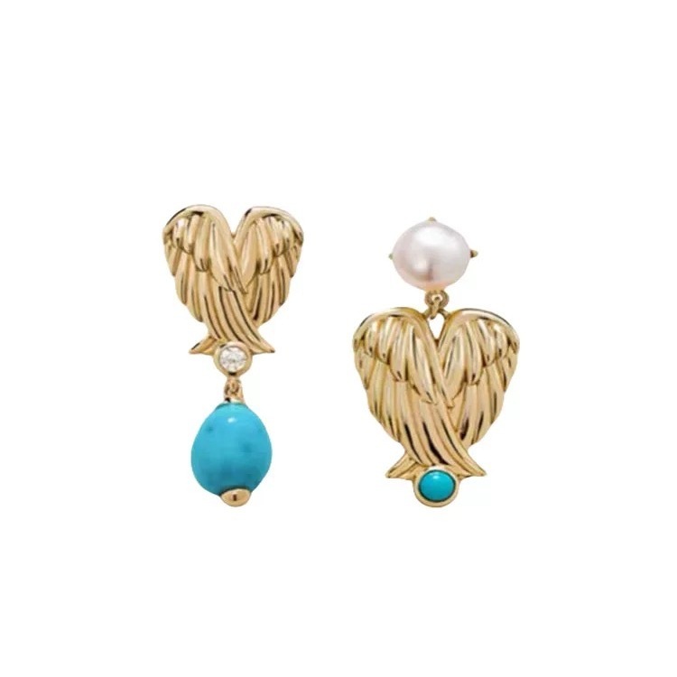 Fashionable Natural Stone Earrings Women's Asymmetric Heart Feather Wing Design Elegant Vintage Style Jewelry Accessories