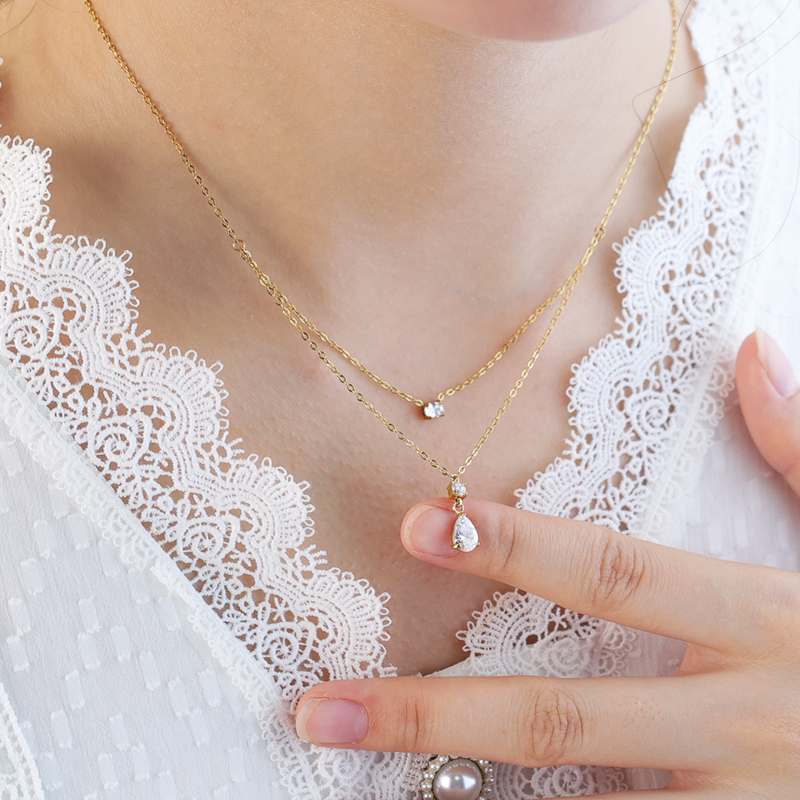 New Smart Water Drop Diamond Necklace Stainless Steel Plated 18K Gold Double Layer Clavicle Chain Autumn And Winter Sweater Coat Accessories