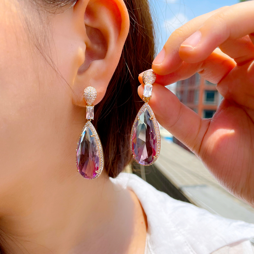 1 Pair Casual Vintage Style Classic Style Water Droplets Copper Zircon 14K Gold Plated Drop Earrings
