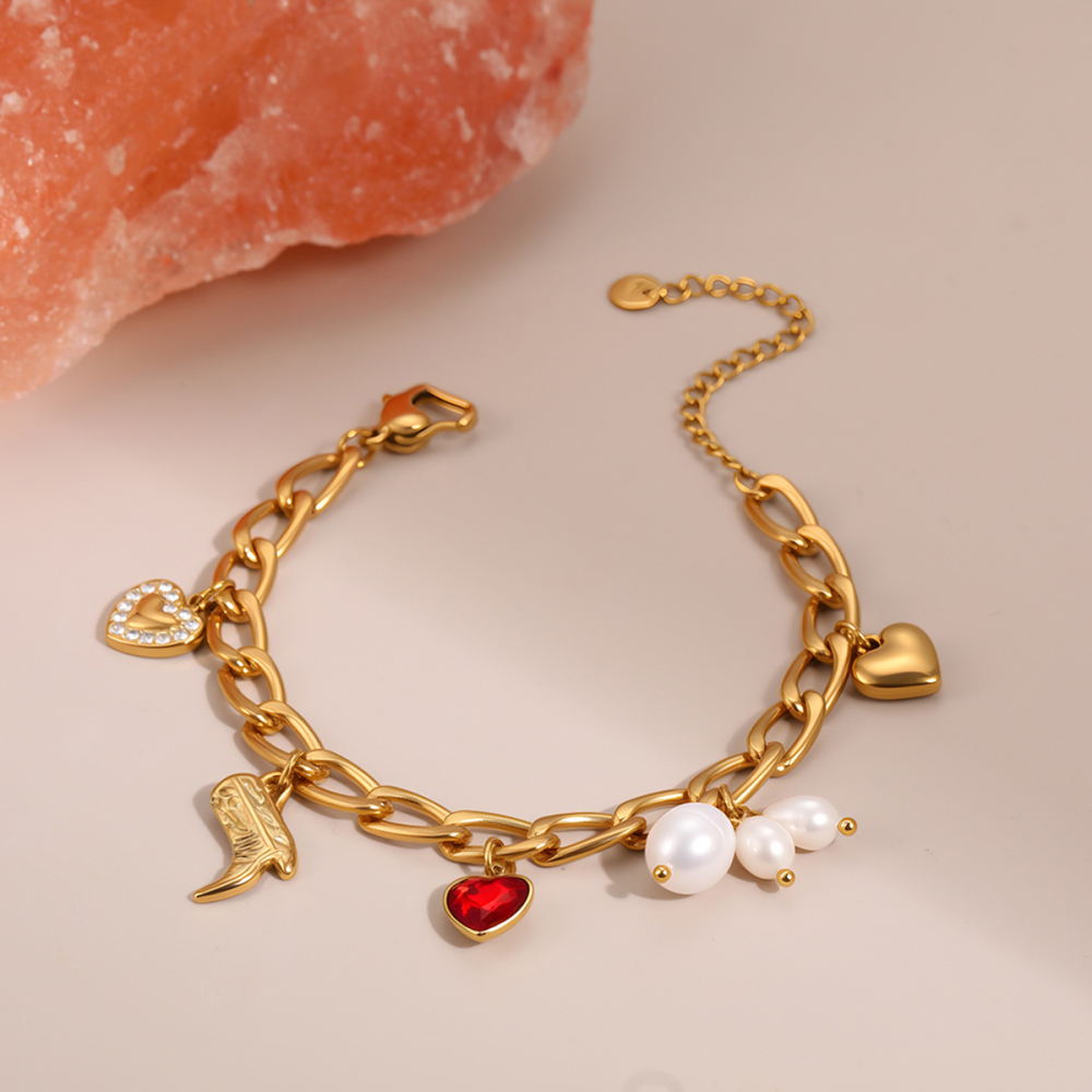 18K Gold-Plated Jewelry Simple Pearl Red Zircon Boot Pendant Style Bracelet Hand Accessories