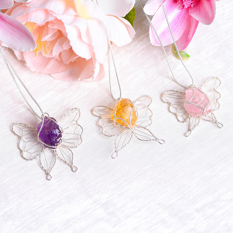 Natural Crystal Raw Stone Butterfly Pendant Necklace Wire Wrapped European And American Pink White Purple Fluorite High-grade Crystal Butterfly Necklace Accessories