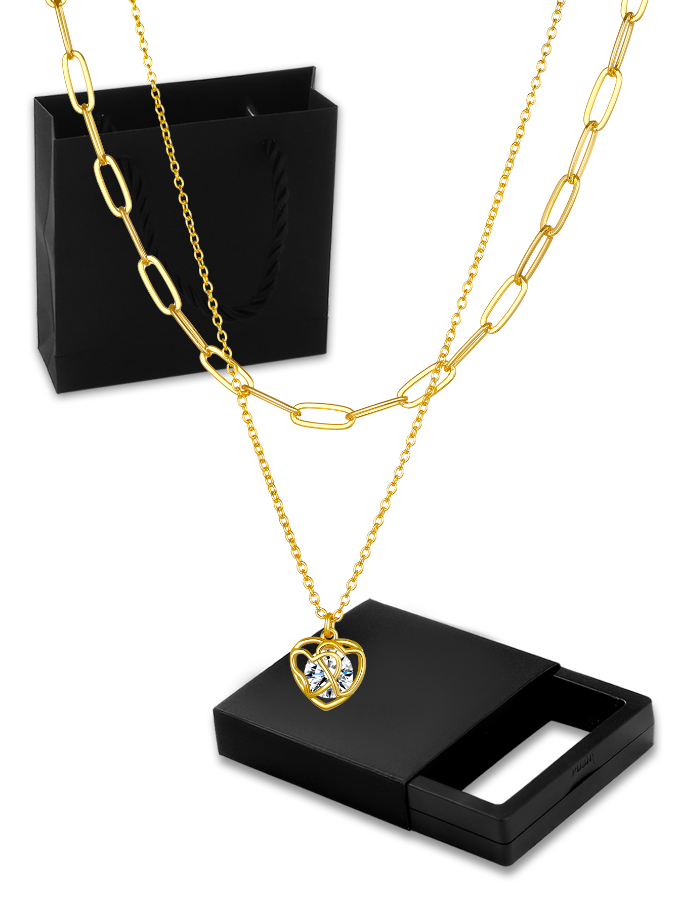 Fashion Layered Accessories: 18K Gold Plated Copper Heart-Shaped Hollow Pendant Necklace And Checkered Paperclip Set, Shiny Cubic Zirconia, Essential For Women