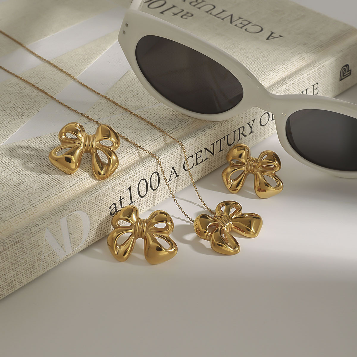 Real Gold Plated 316 Stainless Steel  PVD Coated Bow Knot Waterproof Non Tarnish Elegant Romantic O-ring Chain Small Stud Earrings Rings Necklace For Women's