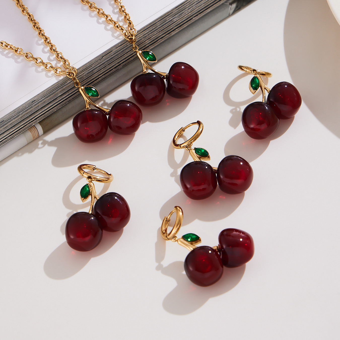 Stainless Steel Resin Cherry Pendant Necklace Earrings 18K Gold Plated European And American Fashion Versatile Fruit Jewelry Set