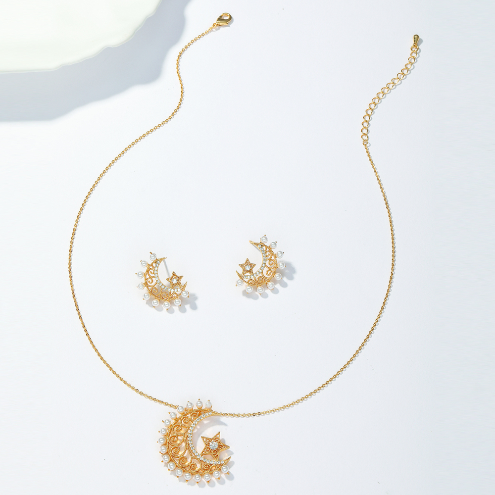 2-Piece Set Copper Inlaid Zircon Ramadan Middle Eastern Star Moon Hollow Flower Ethnic Style Niche Art Women's Earrings Pendant Suitable For Gift Wedding Engagement Banquet Jewelry Accessories