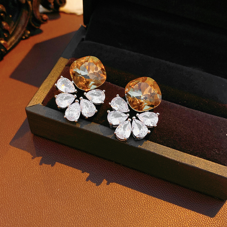 Silver Zircon Flower Water Drop Earrings Simple Iron Post Women's Jewelry Accessories