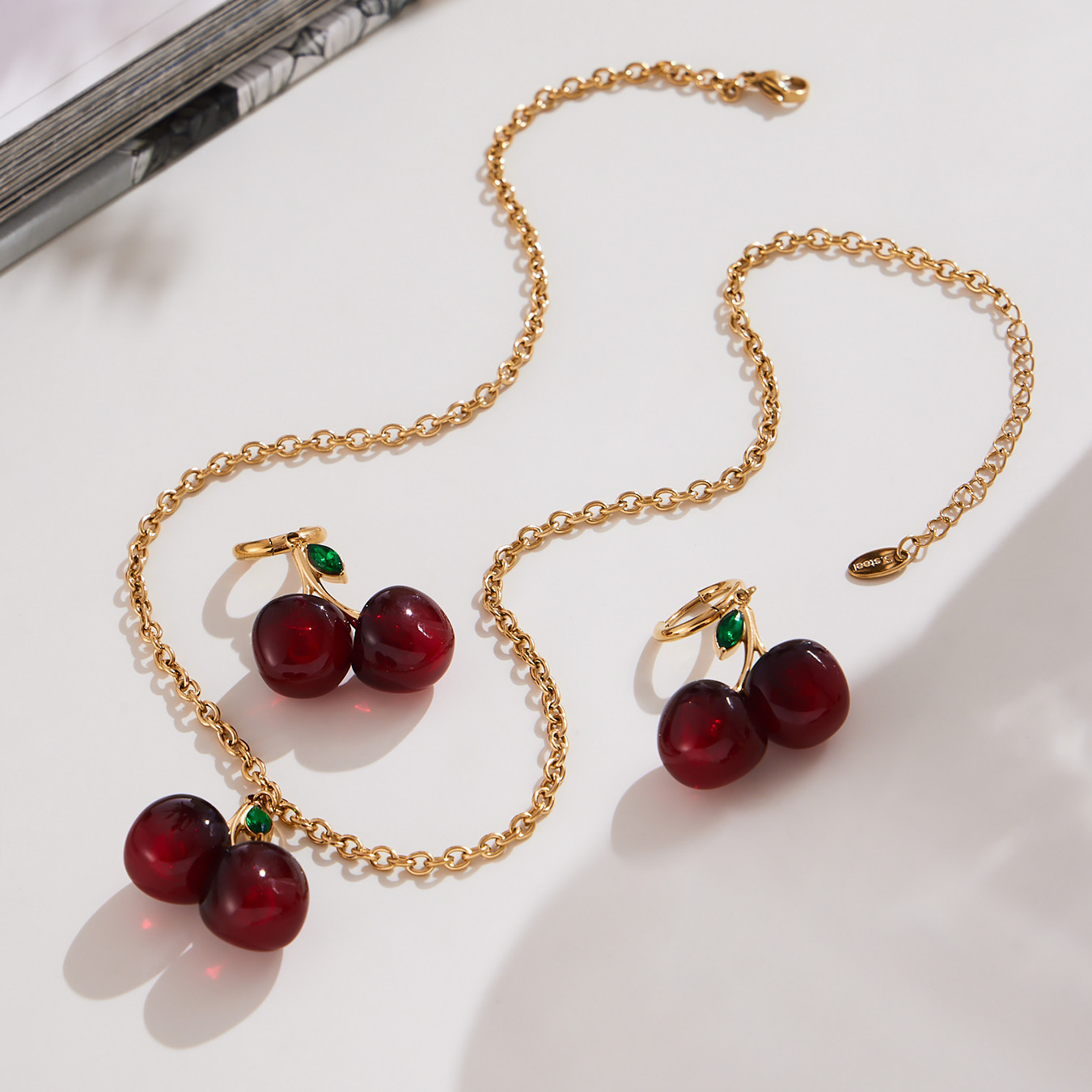Stainless Steel Resin Cherry Pendant Necklace Earrings 18K Gold Plated European And American Fashion Versatile Fruit Jewelry Set