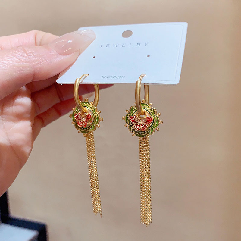 New Chinese Style National Trend Drip Glaze Long Tassel Women's Multi-Wear Drop Earrings Fashionable Versatile Copper Plated Geometric Pattern