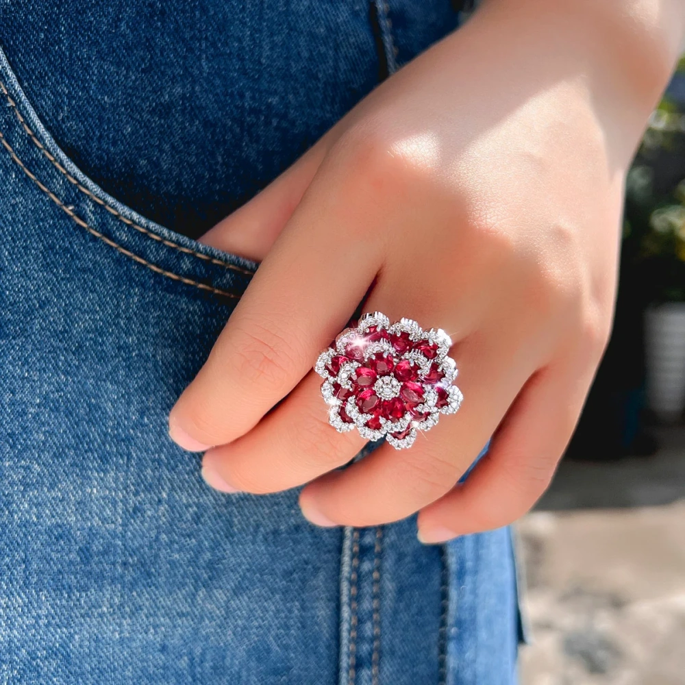 Water Plated White Gold Inlaid Red Zircon Multi-layer Open Ring Copper Material Rhodium Plated Flower (Jewelry) Waterproof Non-fading Wedding Hand Accessories