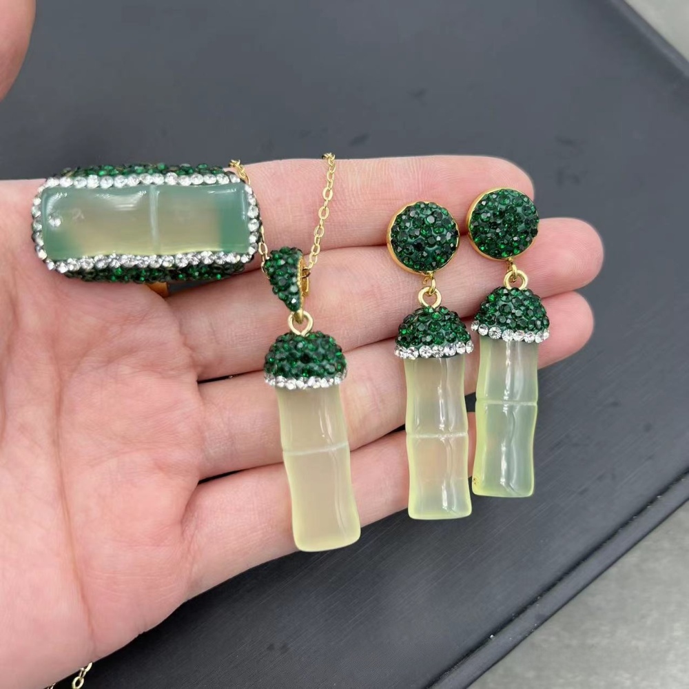 Handmade Natural Agate Bamboo Lucky Three-Piece Set Ethnic Style Czech Crystal Induction Wearing Accessories Luxury Copper