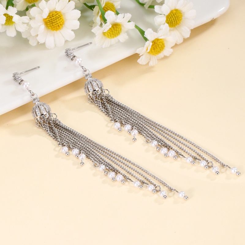 Long Tassel Pearl Crown Earrings Women's Accessories Multi-functional Copper Material Rose Gold Plated Minimalist