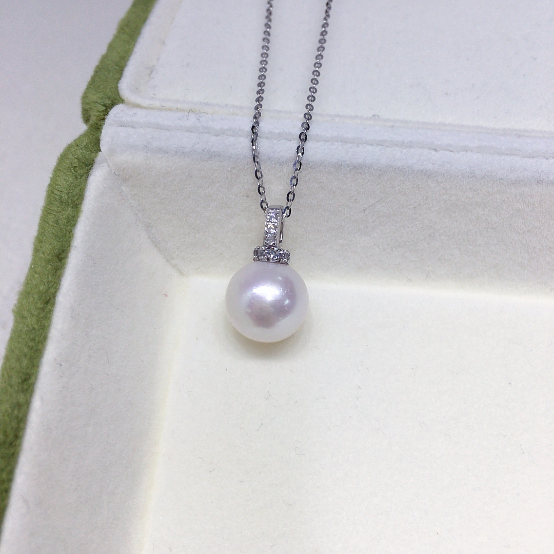 Natural Freshwater Pearl Necklace Single Bead Perfect Round Aurora Pearl Pendant S925 Sterling Silver Clavicle Chain Women's Style White
