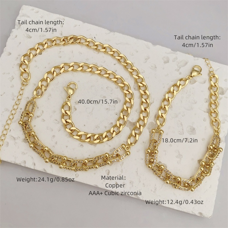 Classic Simple Copper Plated 18K Gold Zirconia Necklace Bracelet Set Adjustable Fashionable Unisex Daily Wear Gift Suitable