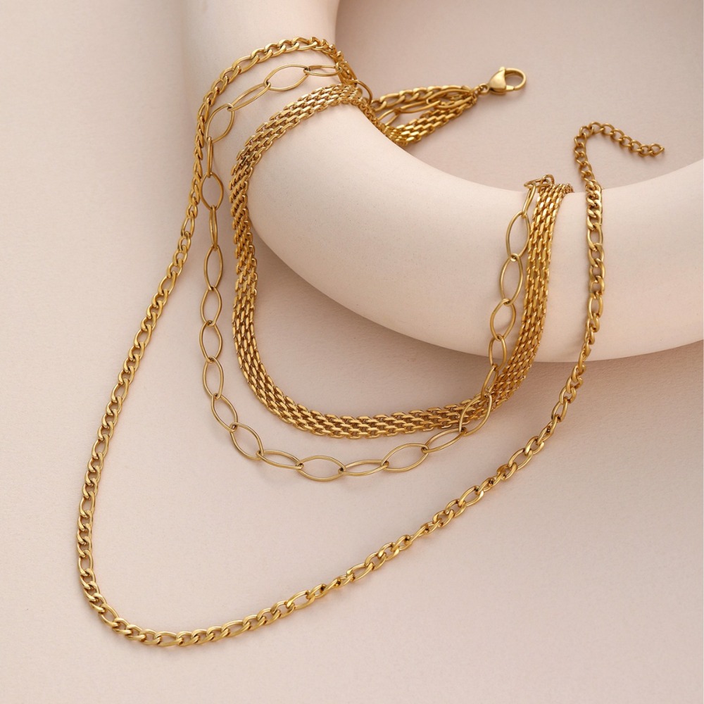 Multi-layer Flat Chain Necklace Gold Plated Stainless Steel Non-fading Geometric Women Jewelry Accessories