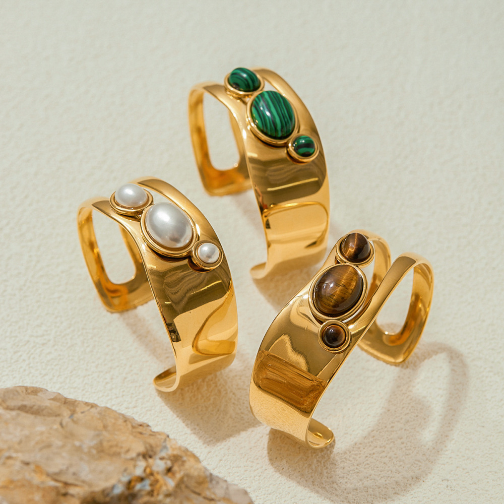 Natural Stone Hollow Titanium Steel Open Bracelet Women Non-Fading Jewelry Stainless Steel Ring Best-selling Accessories