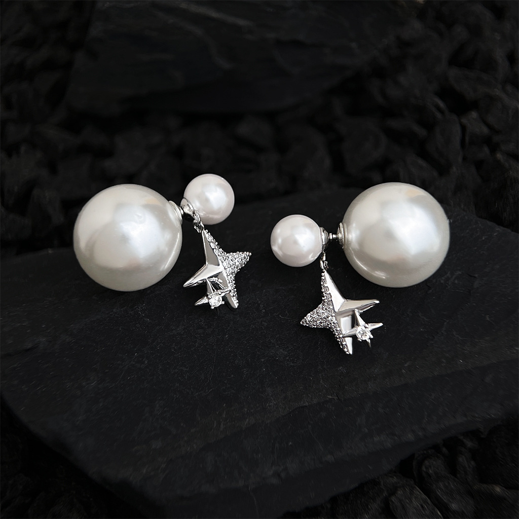 Elegant Pearl Zirconium Ear Studs Original Double Wear True Gold Plated Starburst Fashionable Feminine Jewelry Accessories