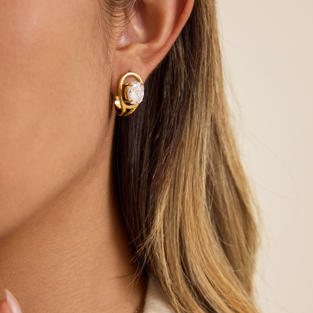 Women's Classic Style 18K Gold 304 Stainless Steel Geometric Color-Block Zircon C-Hoop Earrings