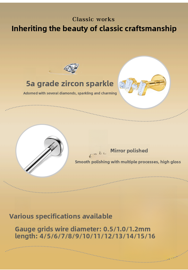 Titanium Alloy F136 Round And Square Diamond Stud Earrings G23 Women Piercing Tongue Lip Ring Geometric Pattern Wedding Birthday