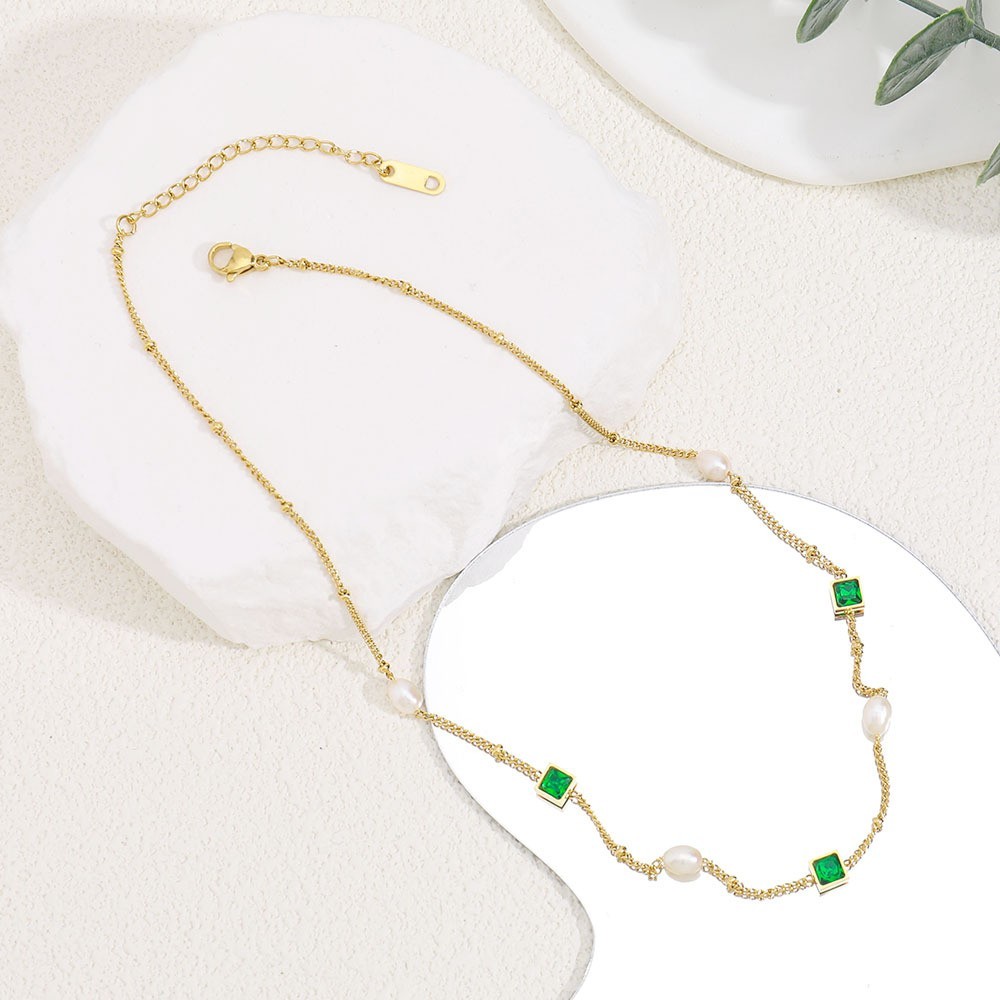 PVD Coated 18K Gold Plated Square Freshwater Pearl Titanium Steel Elegant French Style Classic Style Waterproof Non Tarnish Titanium Steel Necklace